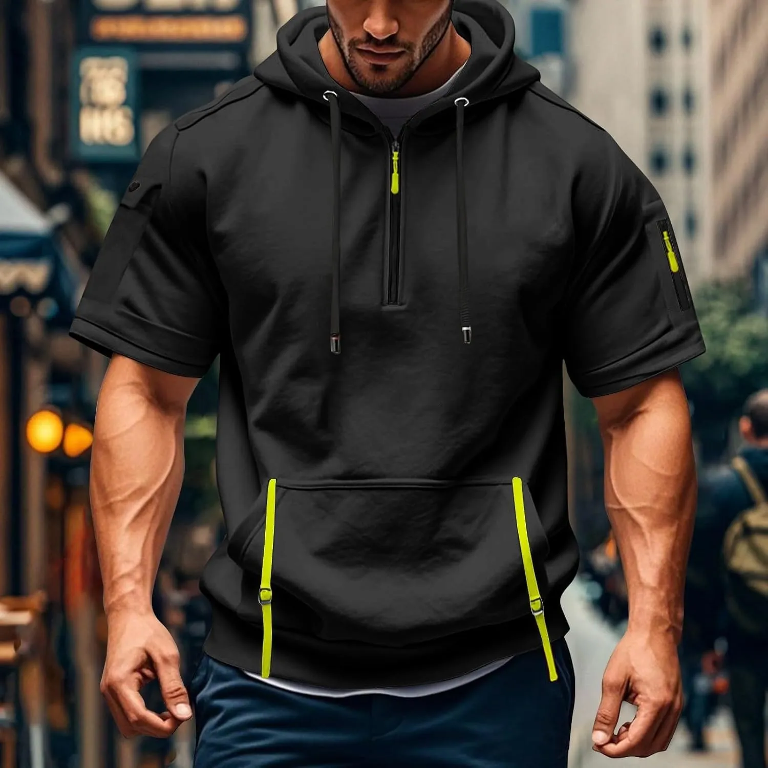 Mens Short Sleeve Hoodies Casual Lightweight Quarter Zip Hooded Sweatshirt Athletic Gym Workout T Shirts with Pocket
