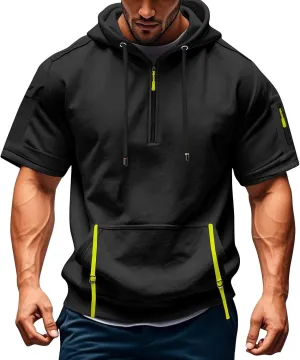 Mens Short Sleeve Hoodies Casual Lightweight Quarter Zip Hooded Sweatshirt Athletic Gym Workout T Shirts with Pocket