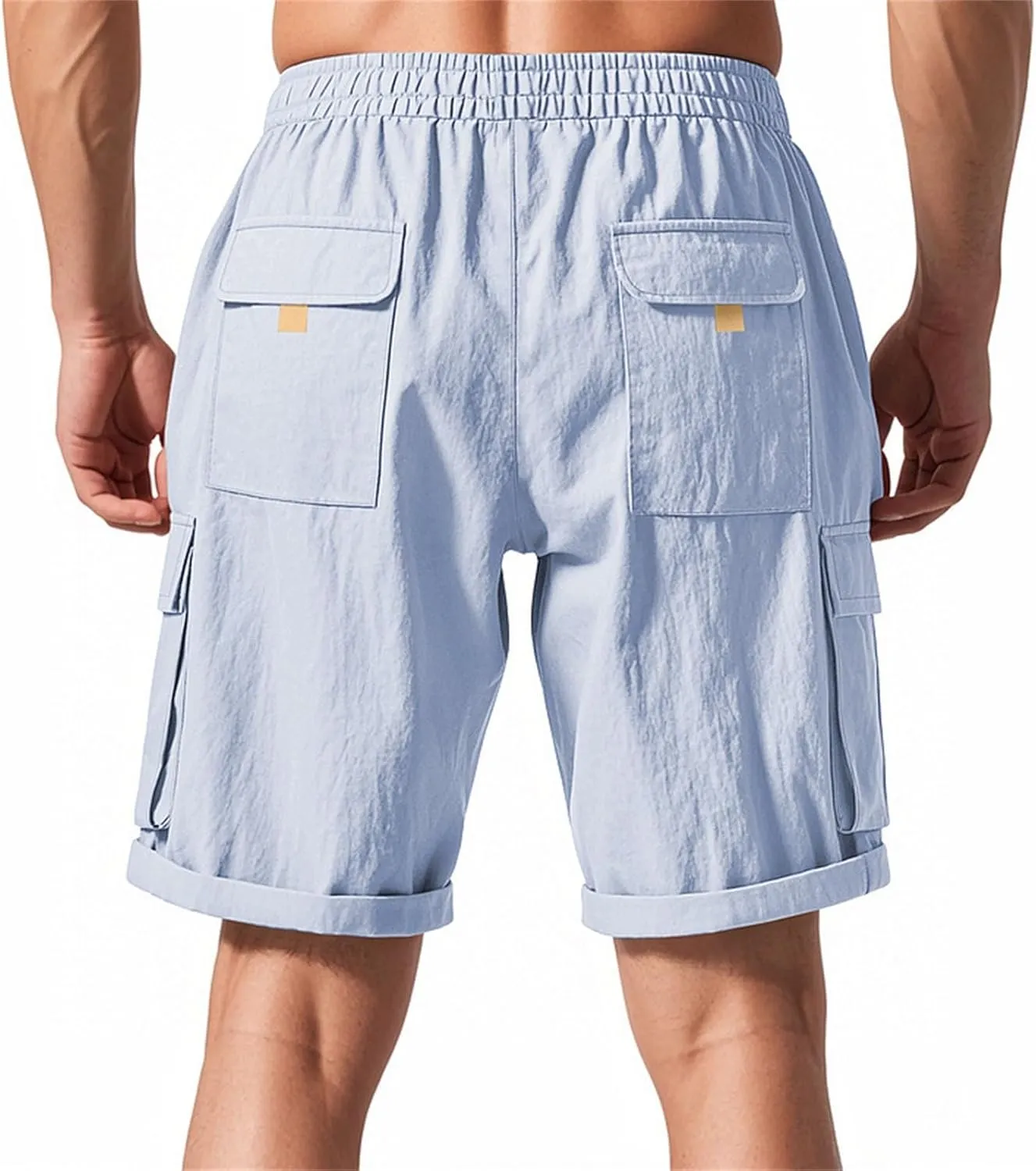 Men's Shorts Casual Cotton Linen Elastic Waist Summer Beach Vacation Shorts with Multi-Pocket