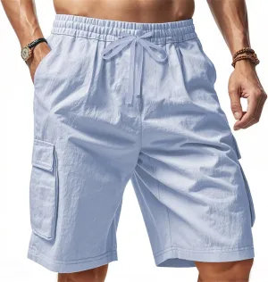 Men's Shorts Casual Cotton Linen Elastic Waist Summer Beach Vacation Shorts with Multi-Pocket