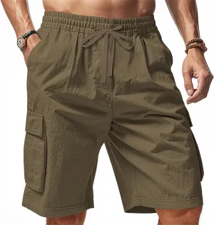 Men's Shorts Casual Cotton Linen Elastic Waist Summer Beach Vacation Shorts with Multi-Pocket