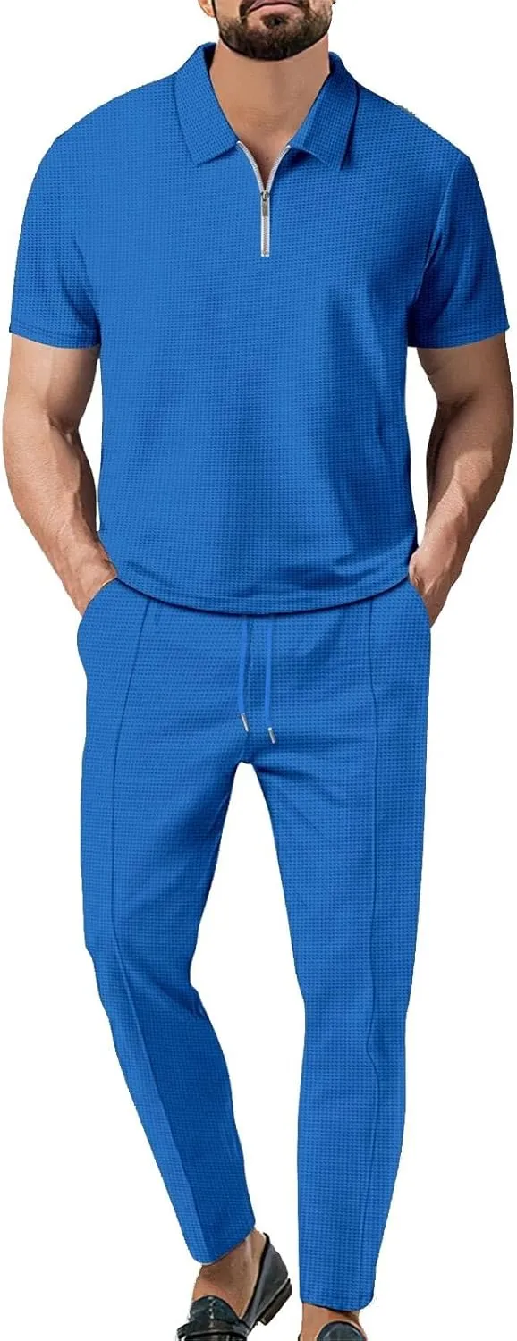 Mens Tracksuit 2 Piece Polos Athletic Sweatsuit Quarter Zip Casual Short Sleeve Golf Shirts Long Pants Sweatsuit Set