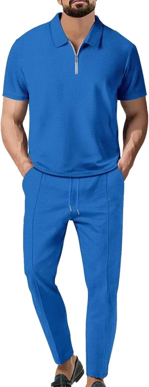 Mens Tracksuit 2 Piece Polos Athletic Sweatsuit Quarter Zip Casual Short Sleeve Golf Shirts Long Pants Sweatsuit Set
