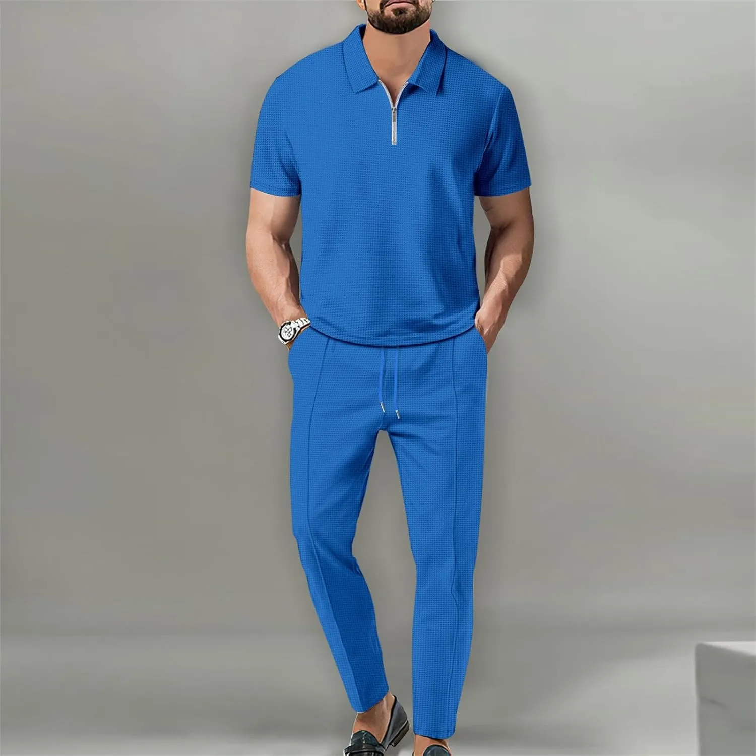 Mens Tracksuit 2 Piece Polos Athletic Sweatsuit Quarter Zip Casual Short Sleeve Golf Shirts Long Pants Sweatsuit Set