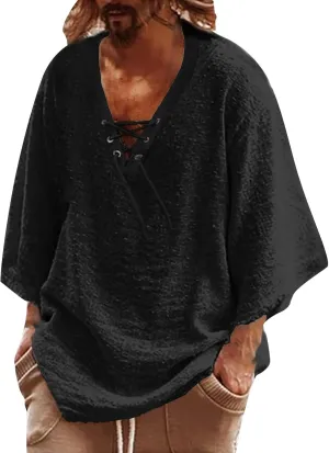 Men's Vintage Shirt Mid Sleeve Solid Color Drawstring V Neck Hippie Top Breathable Casual Beach Vacation Festival Loungewear