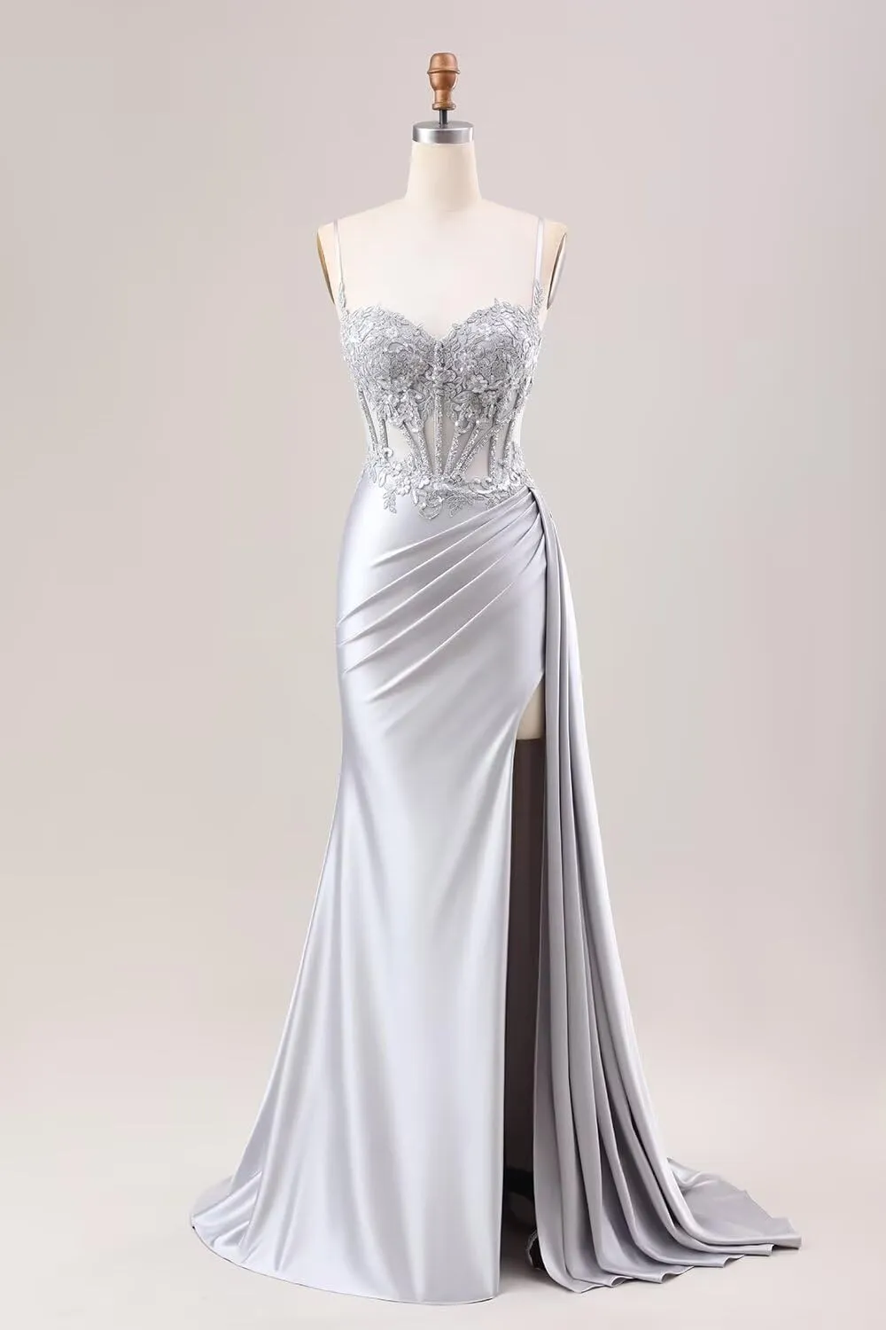 Mermaid Prom Dresses for Women Sparkly Lace Satin Applique Formal Dress with Slit
