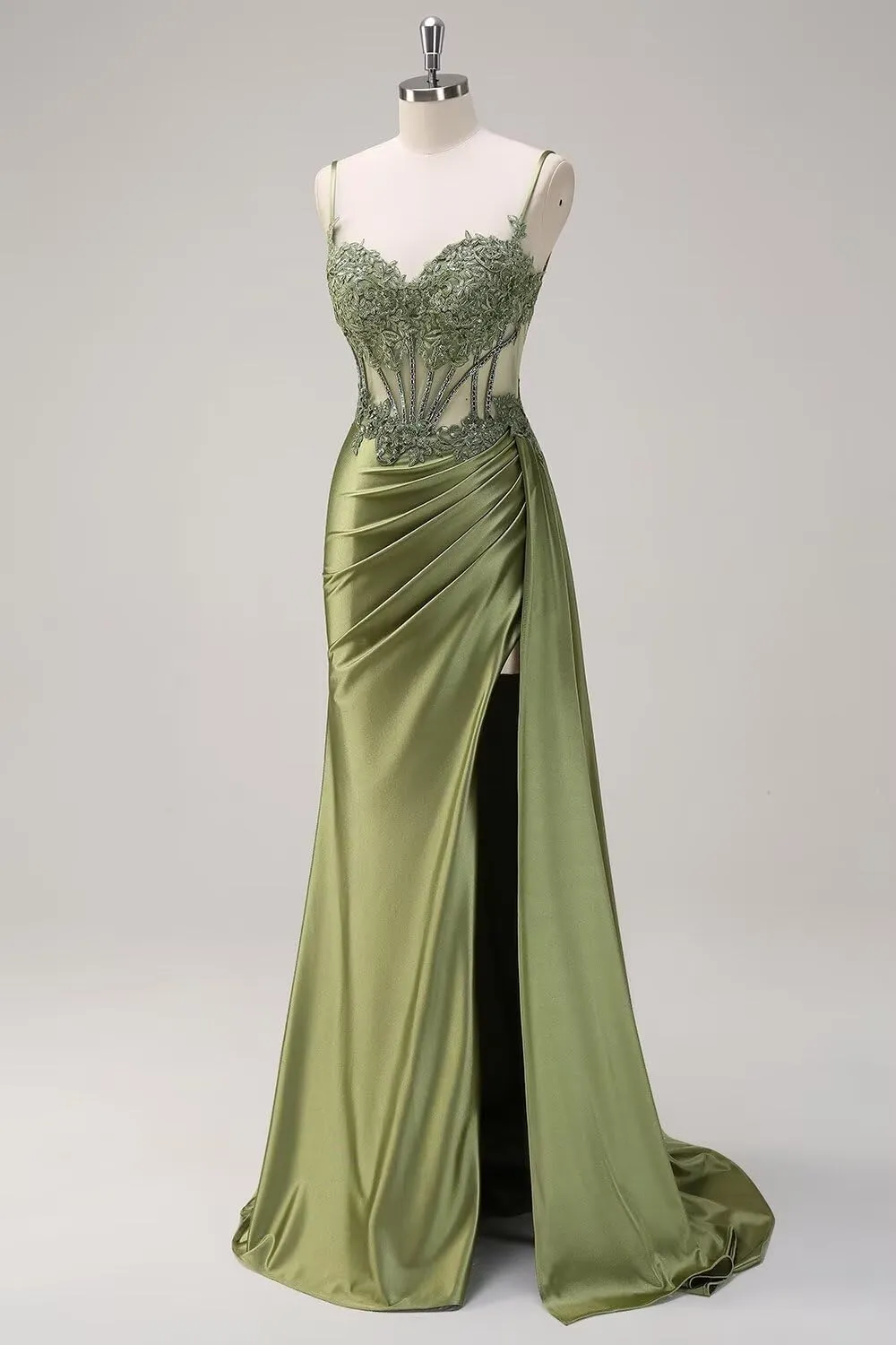 Mermaid Prom Dresses for Women Sparkly Lace Satin Applique Formal Dress with Slit
