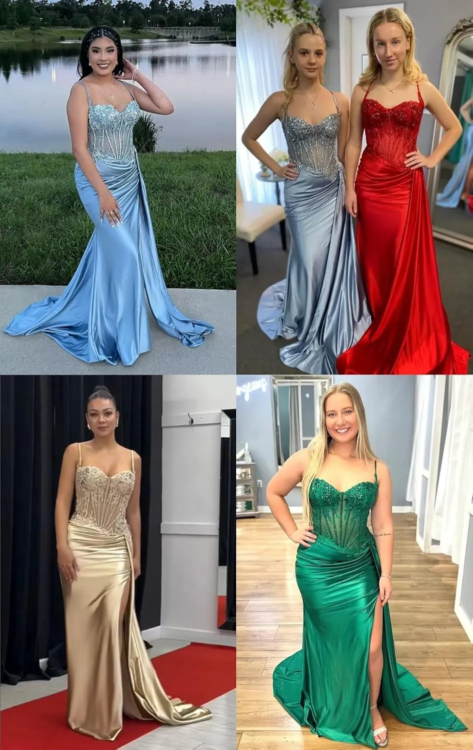 Mermaid Prom Dresses for Women Sparkly Lace Satin Applique Formal Dress with Slit