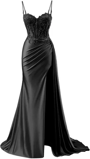 Mermaid Prom Dresses for Women Sparkly Lace Satin Applique Formal Dress with Slit