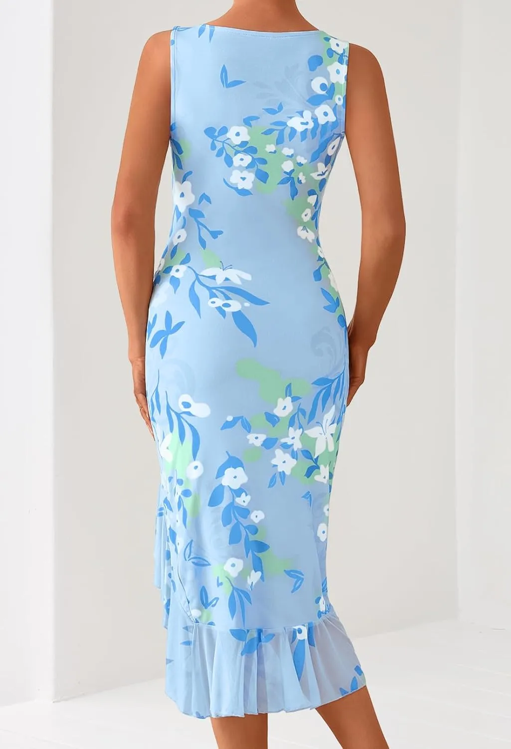 MEROKEETY Women's Summer Floral Bodycon Dress Square Neck Sleeveless Ruffle Hem Cocktail Mesh Midi Dress