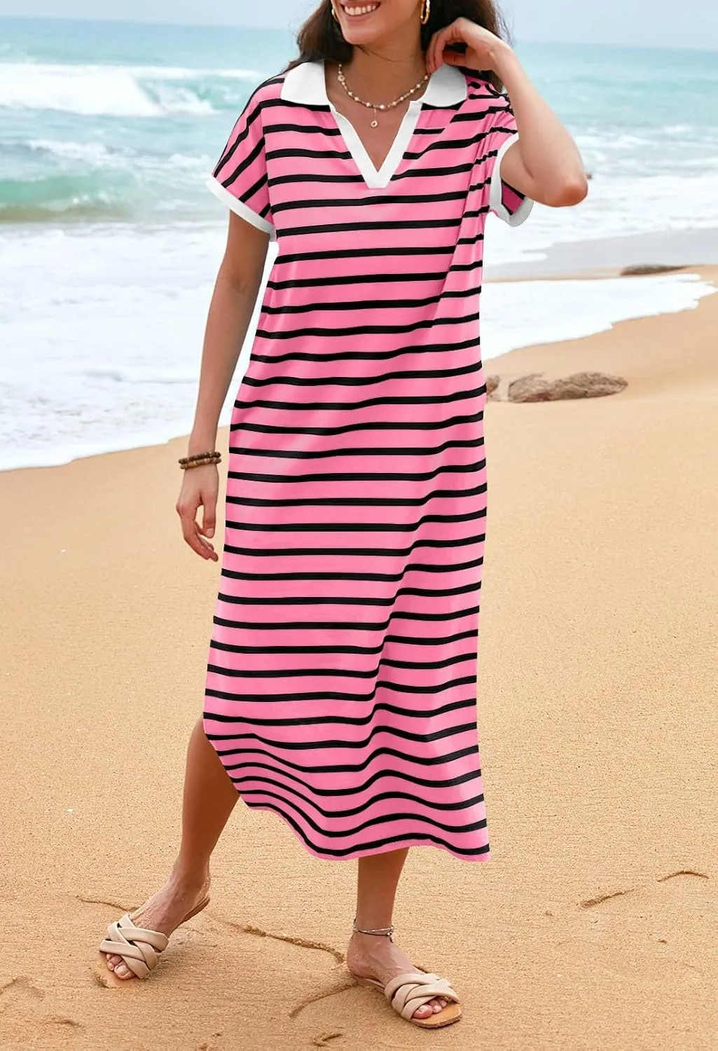 MEROKEETY Women's Summer Striped Short Sleeve Dress V Neck Collared Side Slit Casual Beach Maxi Dresses