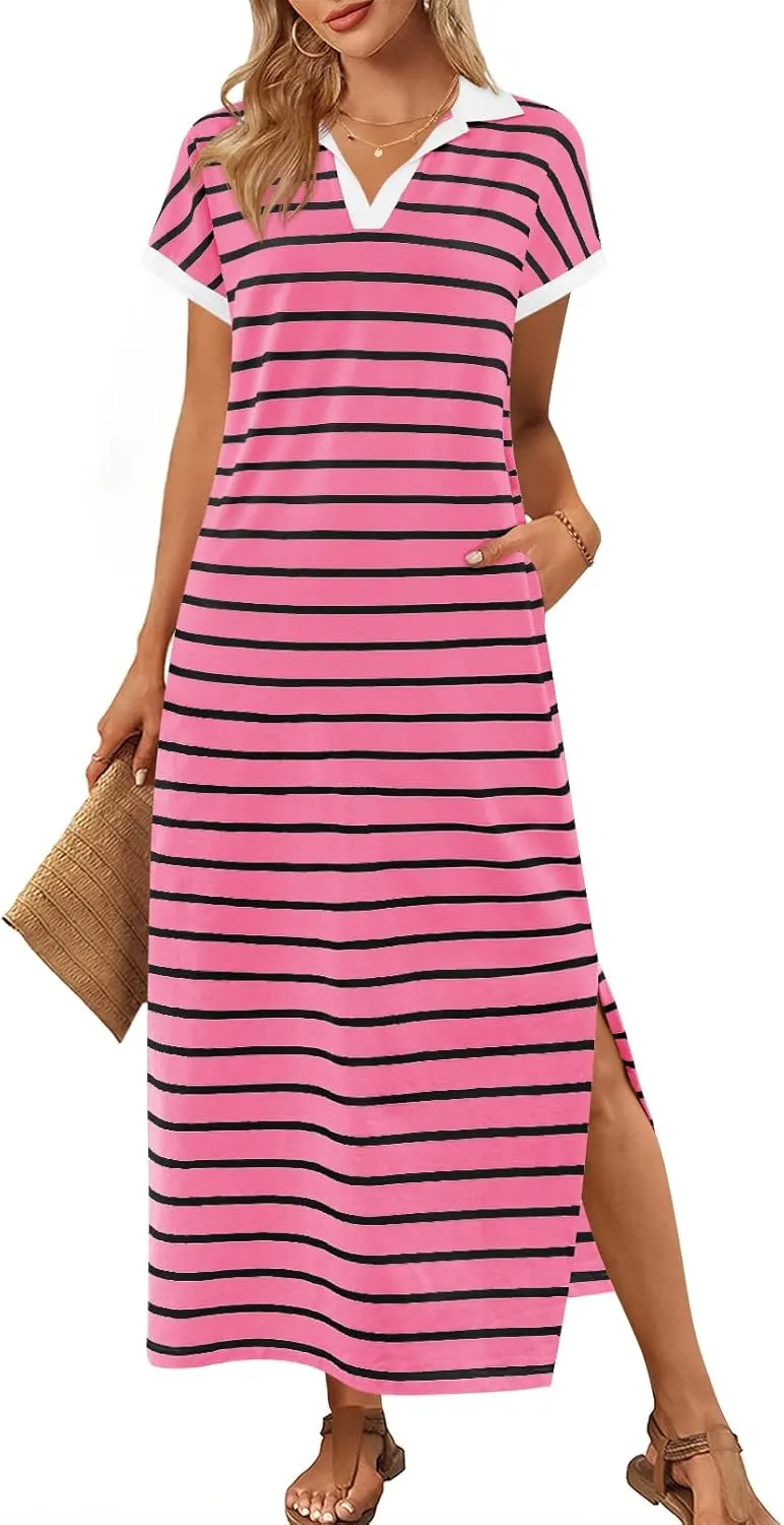 MEROKEETY Women's Summer Striped Short Sleeve Dress V Neck Collared Side Slit Casual Beach Maxi Dresses