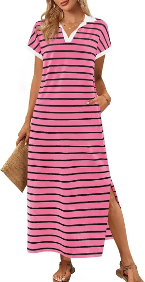 MEROKEETY Women's Summer Striped Short Sleeve Dress V Neck Collared Side Slit Casual Beach Maxi Dresses