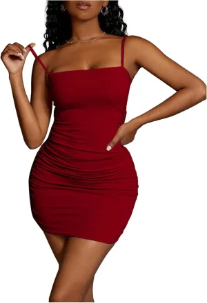 Milumia Women Ruched Sleeveless Spaghetti Strap Tight Bodycon Short Mini Cami Dress Party Club