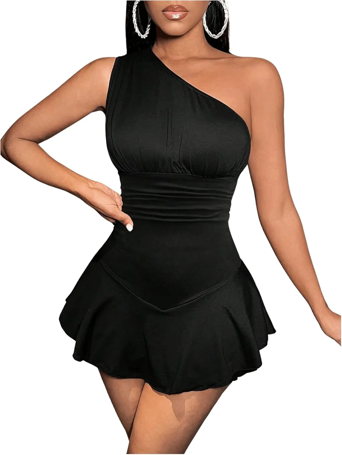 Milumia Women's One Shoulder Sleeveless Bodycon Rompers Ruffle Hem Short Jumpsuit
