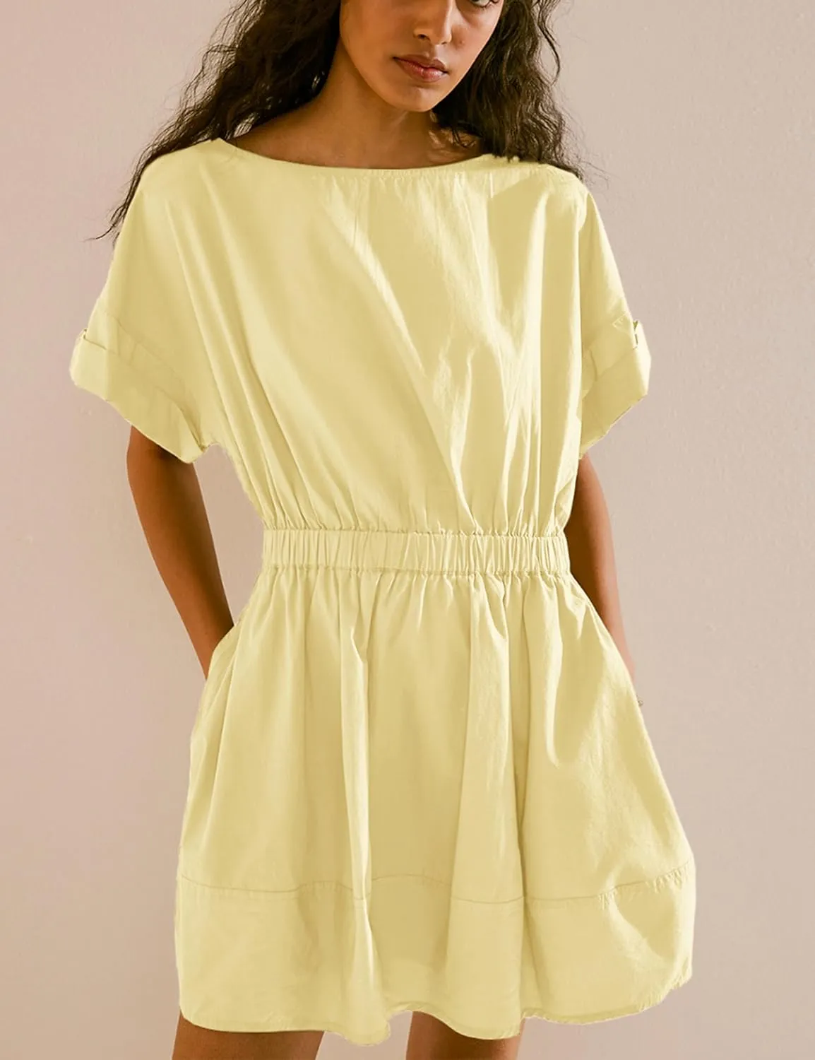 Mingzhu Women's Summer Short Sleeve Mini Dress Open Back A Line Sundress with Pockets