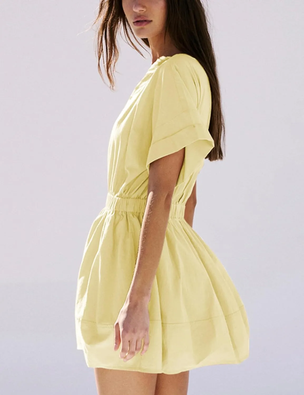 Mingzhu Women's Summer Short Sleeve Mini Dress Open Back A Line Sundress with Pockets