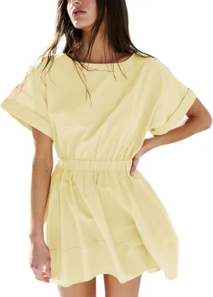 Mingzhu Women's Summer Short Sleeve Mini Dress Open Back A Line Sundress with Pockets