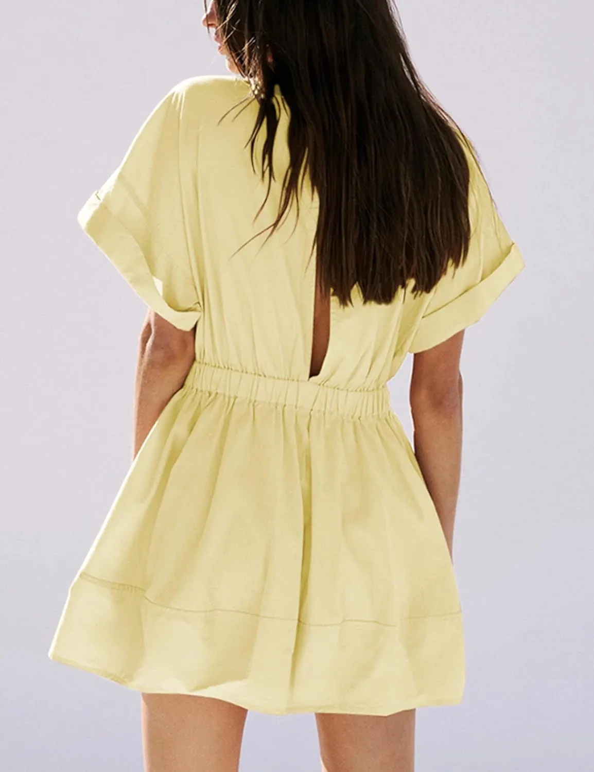 Mingzhu Women's Summer Short Sleeve Mini Dress Open Back A Line Sundress with Pockets