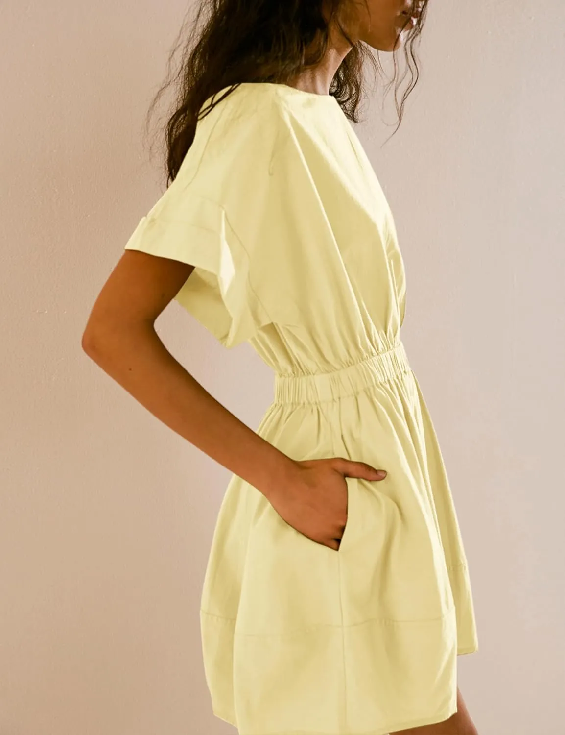 Mingzhu Women's Summer Short Sleeve Mini Dress Open Back A Line Sundress with Pockets