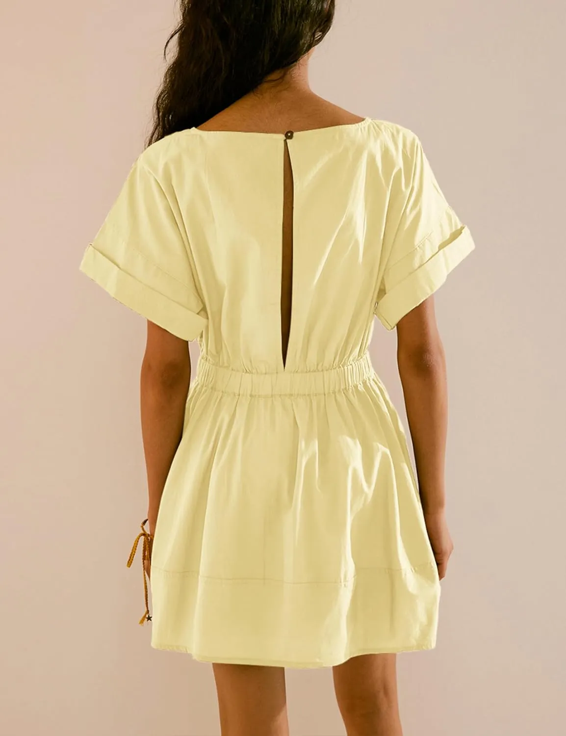 Mingzhu Women's Summer Short Sleeve Mini Dress Open Back A Line Sundress with Pockets