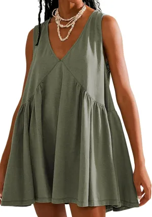 Mini Dress for Women 2025 Summer Casual Sleeveless V Neck Sundress Loose Babydoll Dress with Pockets