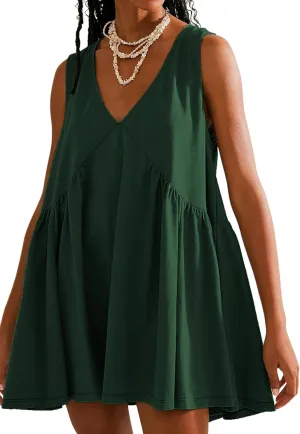 Mini Dress for Women 2025 Summer Casual Sleeveless V Neck Sundress Loose Babydoll Dress with Pockets