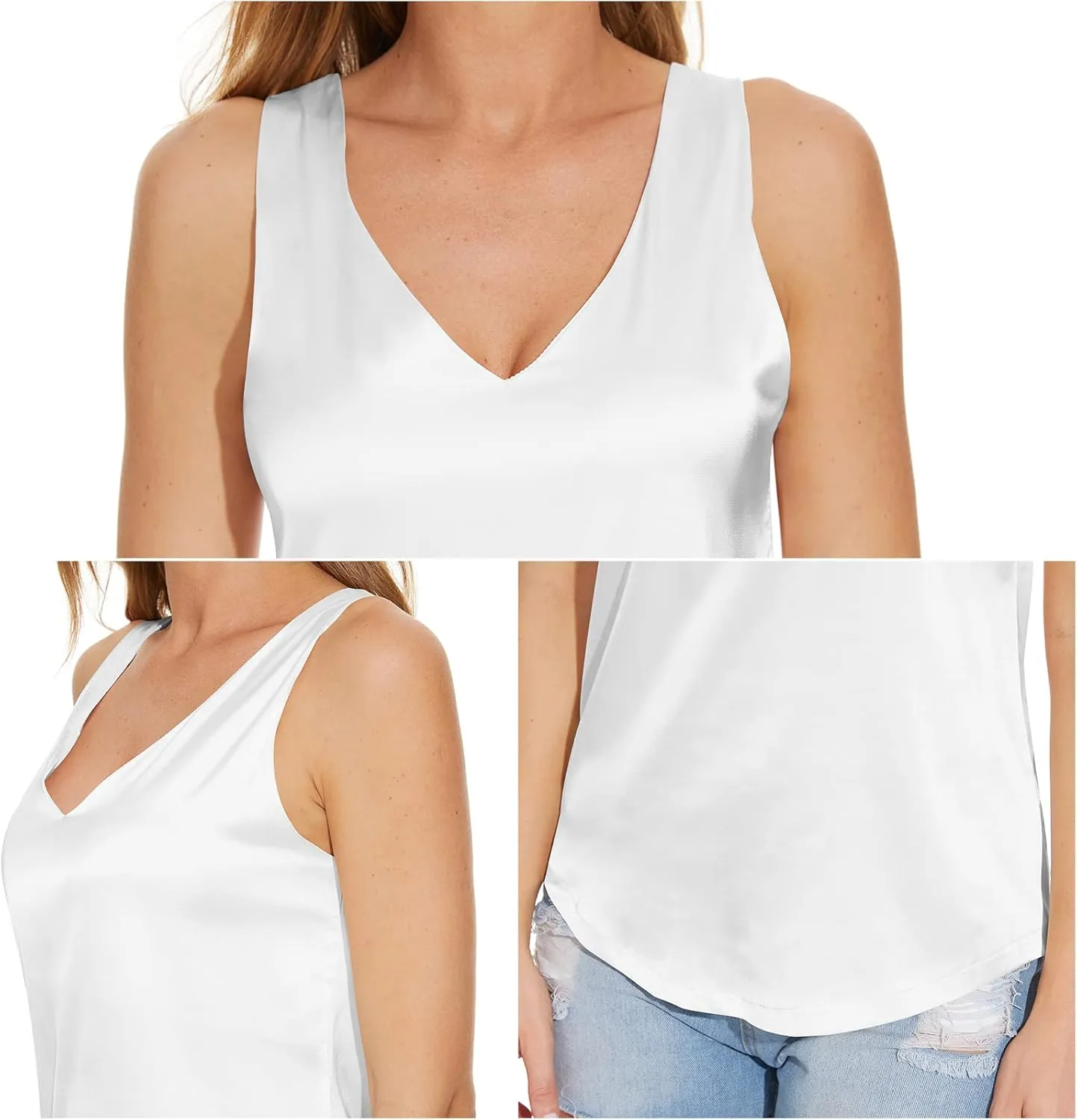 Miqieer Women's V Neck Silk Sleeveless Blouse Casual Loose Fit Satin Cami Tank Tops