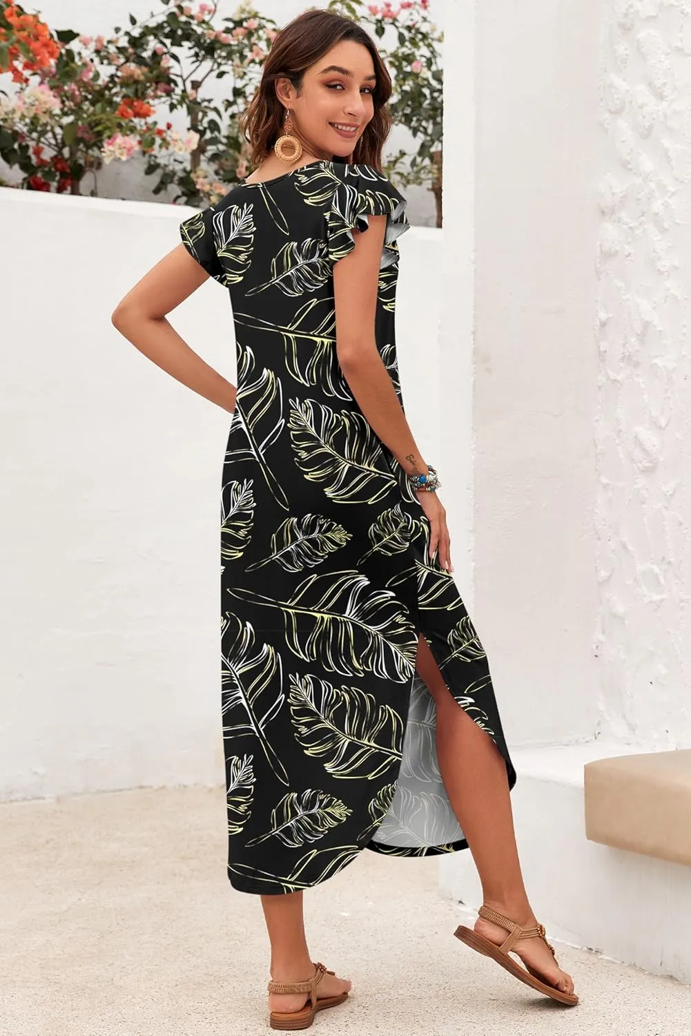 MISFAY Women's Summer Maxi Dress Ruffle Sleeve Long Beach Split Dresses with Pockets