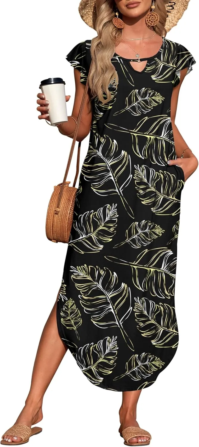 MISFAY Women's Summer Maxi Dress Ruffle Sleeve Long Beach Split Dresses with Pockets