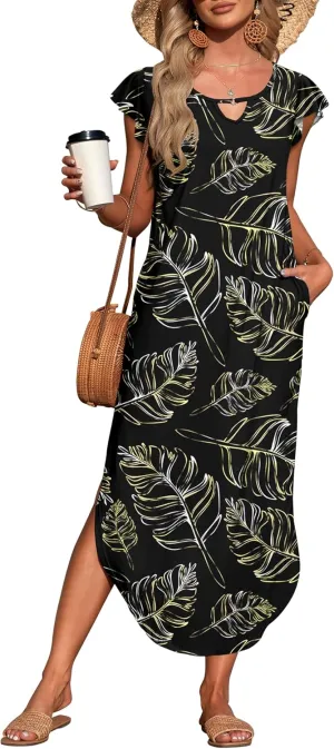 MISFAY Women's Summer Maxi Dress Ruffle Sleeve Long Beach Split Dresses with Pockets