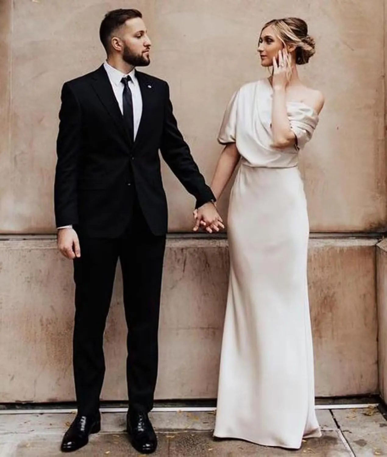 Monvelli One Shoulder Mother of The Bride Dresses Long Satin Mermaid Half Sleeve Prom Formal Evening Gown with Slit