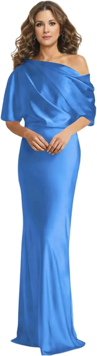 Monvelli One Shoulder Mother of The Bride Dresses Long Satin Mermaid Half Sleeve Prom Formal Evening Gown with Slit