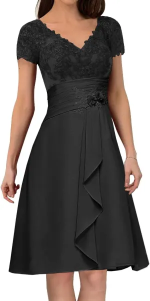 Mother of The Bride Dresses for Wedding Ruffle Chiffon Lace Applique Formal Evening Party Gown with Short Sleeves MK51