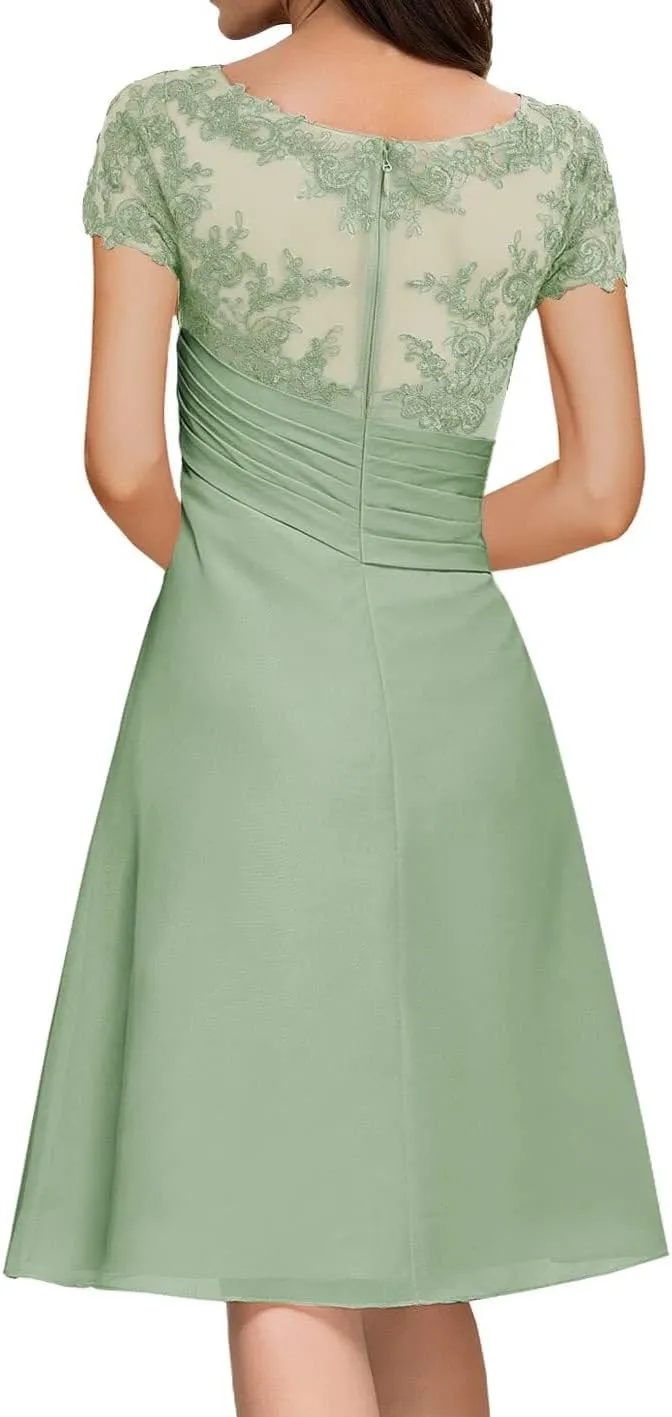 Mother of The Bride Dresses for Wedding Ruffle Chiffon Lace Applique Formal Evening Party Gown with Short Sleeves MK51