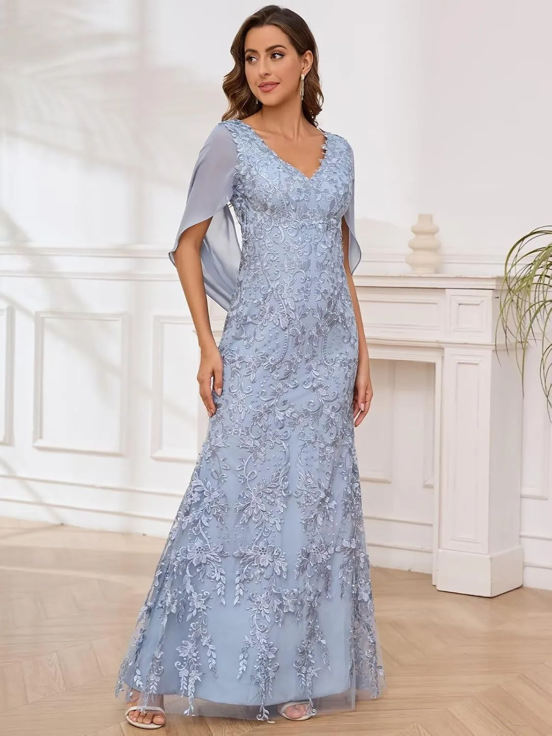 Mother of The Bride Dresses for Wedding with Cape Sleeve V-Neck Chiffon Mermaid Formal Dress