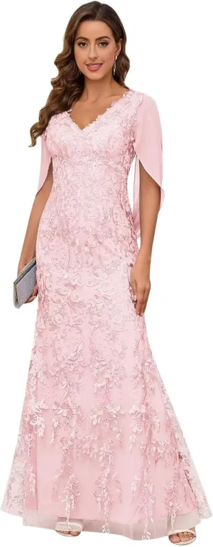 Mother of The Bride Dresses for Wedding with Cape Sleeve V-Neck Chiffon Mermaid Formal Dress