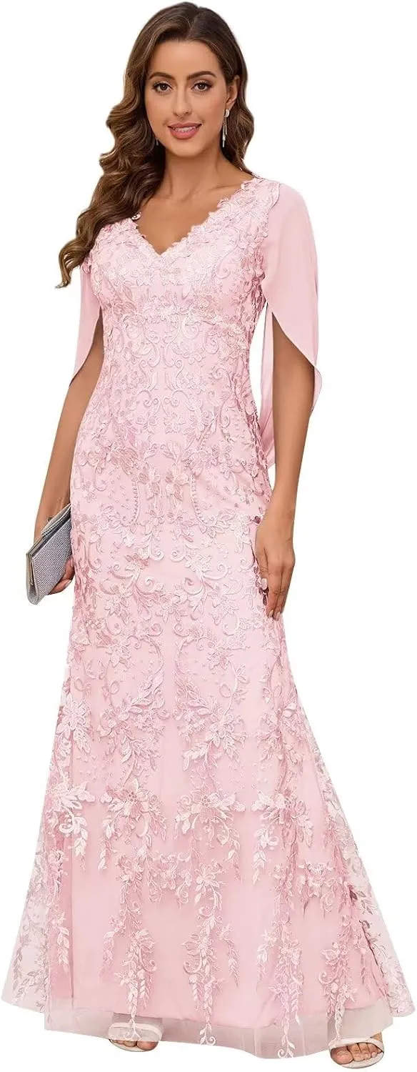 Mother of The Bride Dresses for Wedding with Cape Sleeve V-Neck Chiffon Mermaid Formal Dress