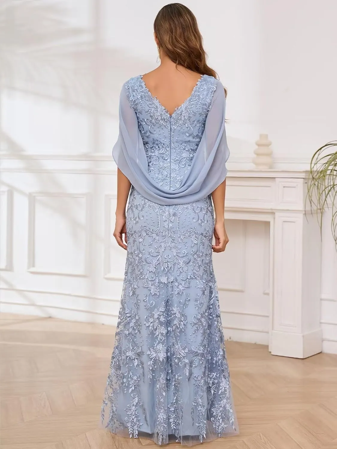 Mother of The Bride Dresses for Wedding with Cape Sleeve V-Neck Chiffon Mermaid Formal Dress