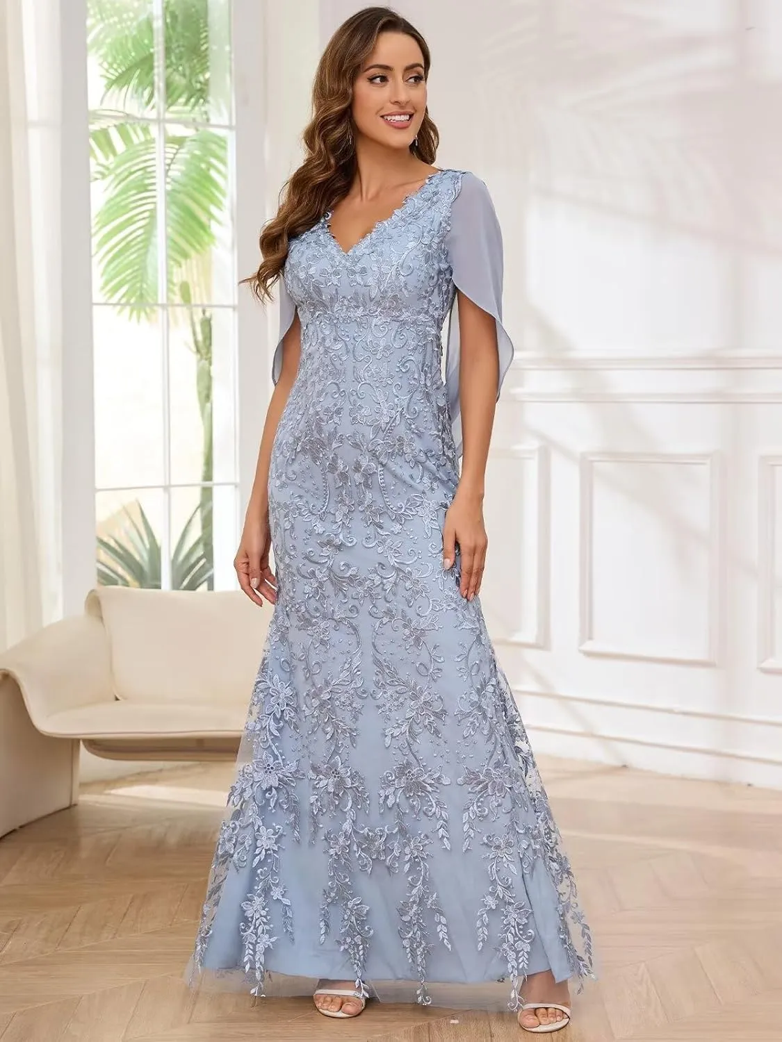 Mother of The Bride Dresses for Wedding with Cape Sleeve V-Neck Chiffon Mermaid Formal Dress