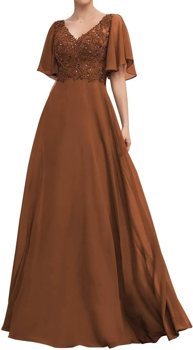 Mother of The Bride Dresses V Neck Long Lace Appliques Ruffle Sleeves Ruched Pleated Formal Evening Gowns Party Dress