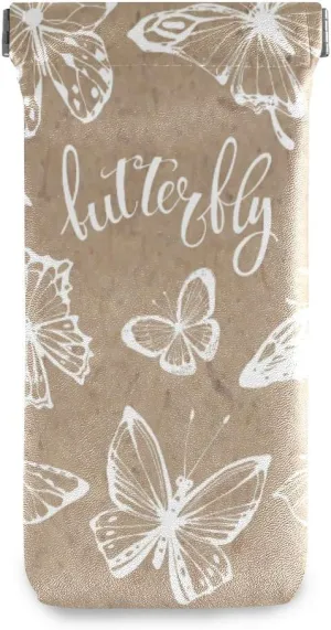 MOYYO Beautiful Butterflies On Vintage Kraft Paper Eyeglass Pouch Squeeze Top Portable Sunglasses Bag Pouch PU Leather Eyeglass Goggles Case Cosmetic Holders Mulituse for Women Girl