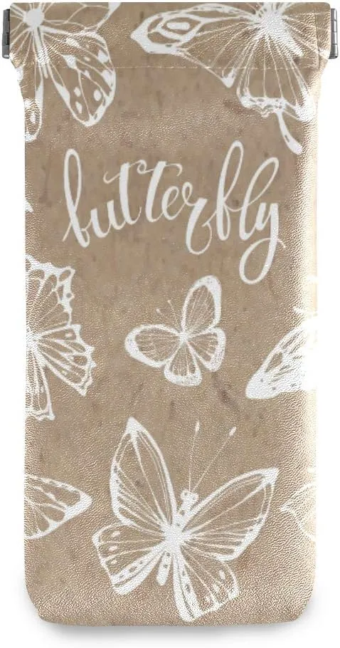 MOYYO Beautiful Butterflies On Vintage Kraft Paper Eyeglass Pouch Squeeze Top Portable Sunglasses Bag Pouch PU Leather Eyeglass Goggles Case Cosmetic Holders Mulituse for Women Girl