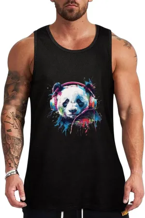 Multi-Colored Earphones Panda Mens Tank Top Cotton Undershirt Crewneck Sleeveless Shirt for Summer