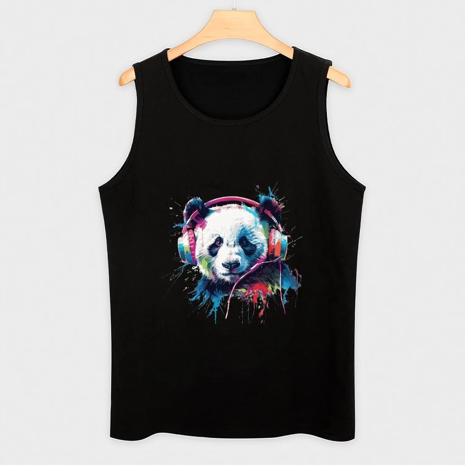 Multi-Colored Earphones Panda Mens Tank Top Cotton Undershirt Crewneck Sleeveless Shirt for Summer