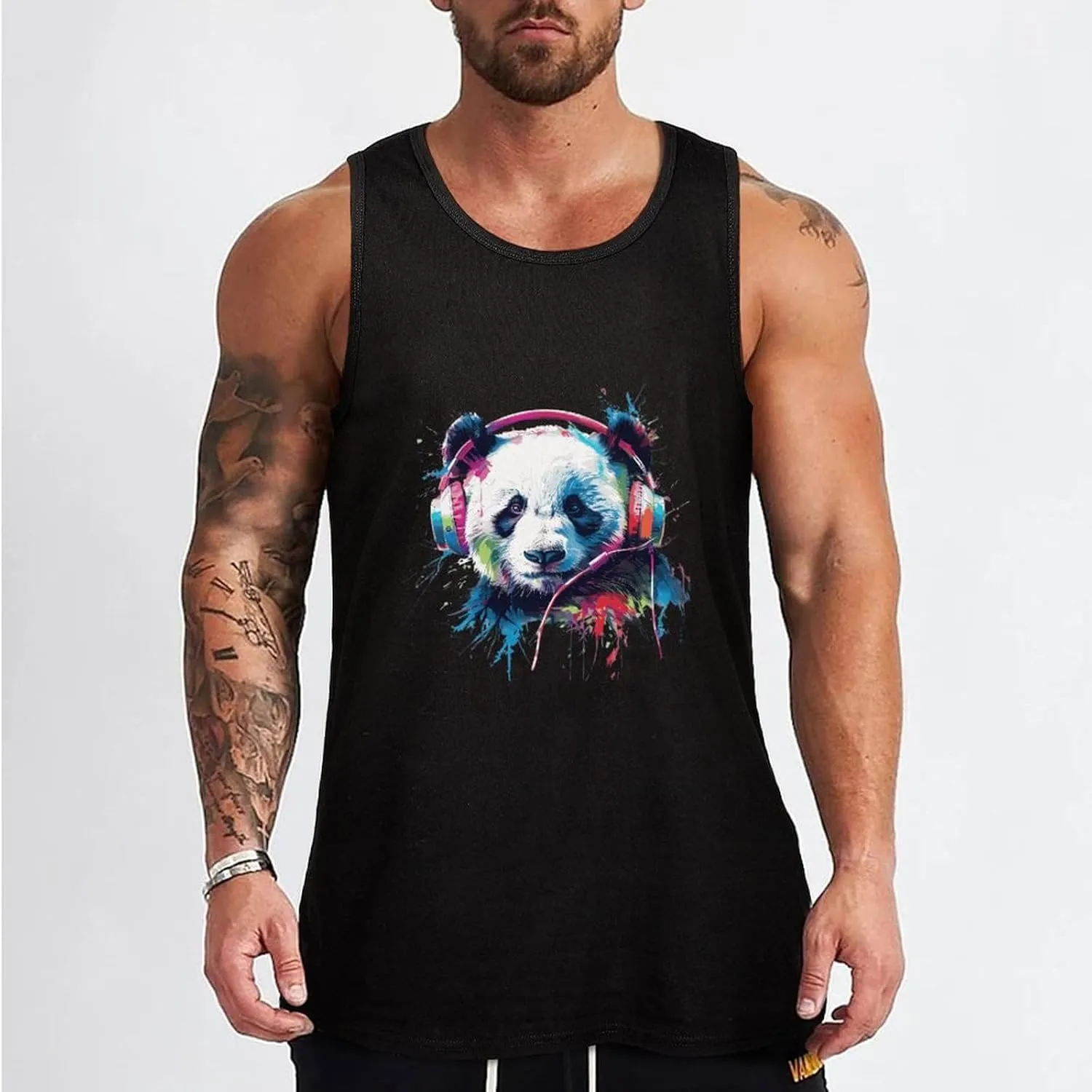 Multi-Colored Earphones Panda Mens Tank Top Cotton Undershirt Crewneck Sleeveless Shirt for Summer