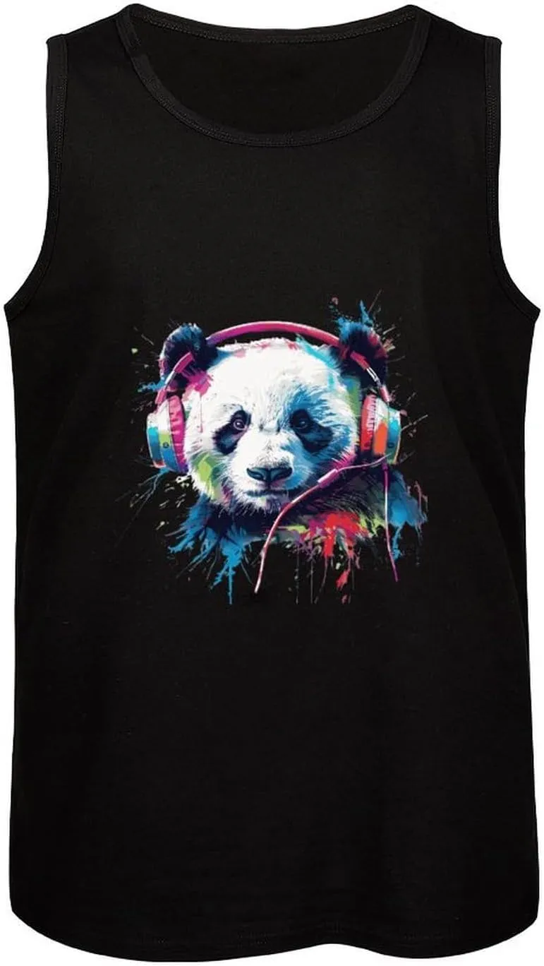 Multi-Colored Earphones Panda Mens Tank Top Cotton Undershirt Crewneck Sleeveless Shirt for Summer