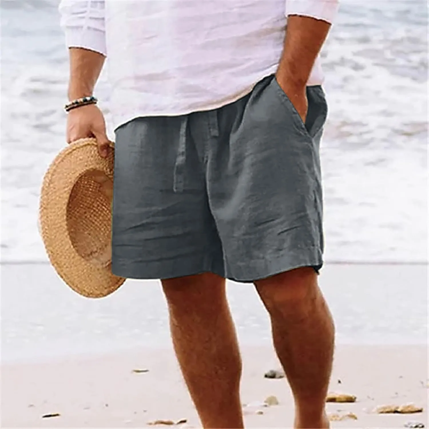 Muscularfit Men's Big & Tall Casual Drawstring Cotton Linen Shorts with Pockets - Regular Fit Stretch Work & Beach Shorts