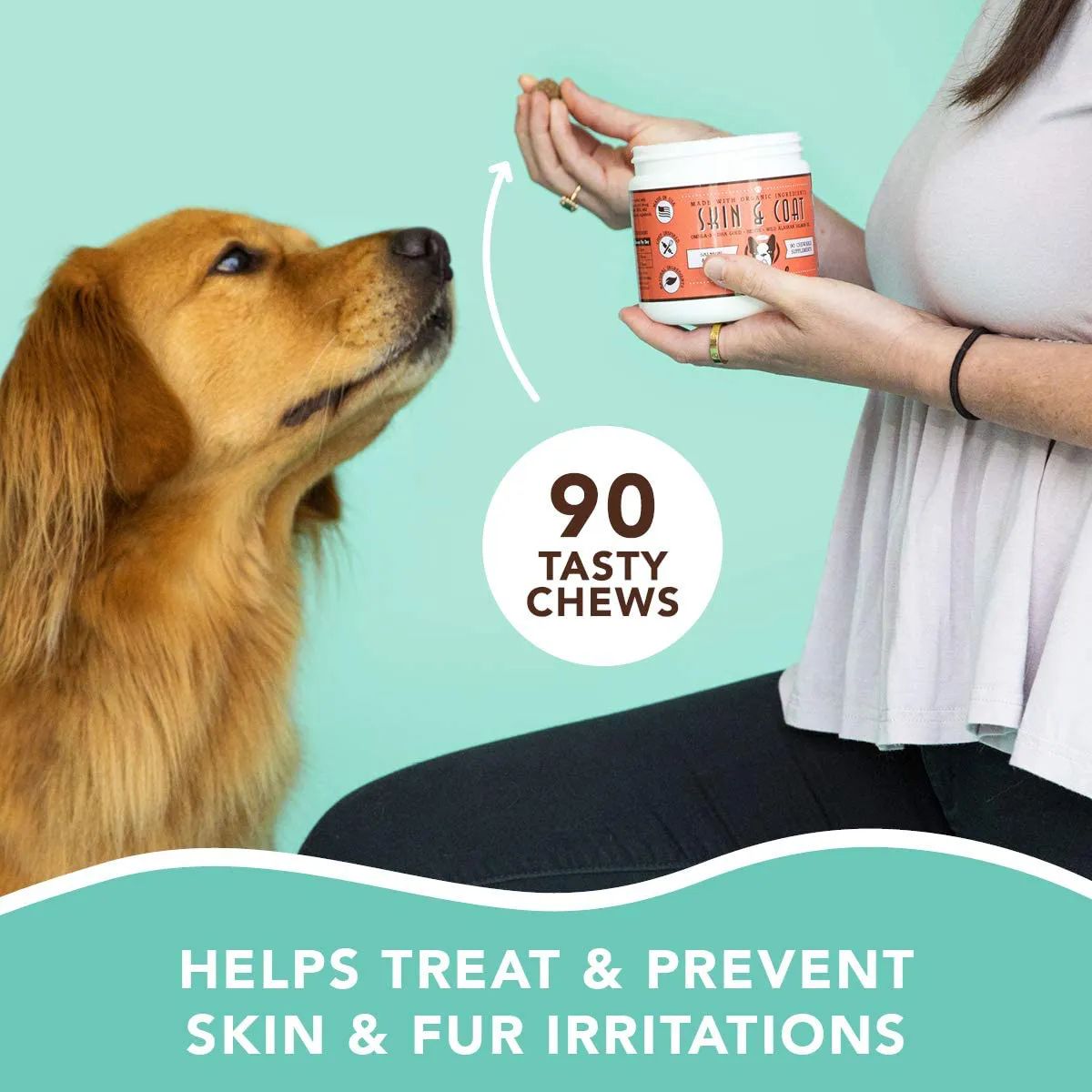 Natural Dog Company Skin & Coat Supplement Chews with Wild Alaskan Salmon Oil, Omega 3 & 6, EPA & DHA, Promotes Healthy Skin and Coat, Salmon & Peas Flavor, 90 Count
