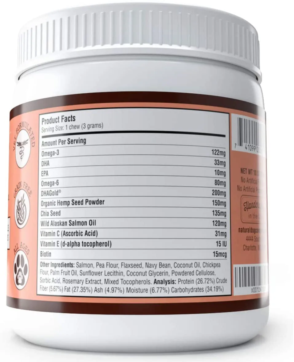 Natural Dog Company Skin & Coat Supplement Chews with Wild Alaskan Salmon Oil, Omega 3 & 6, EPA & DHA, Promotes Healthy Skin and Coat, Salmon & Peas Flavor, 90 Count